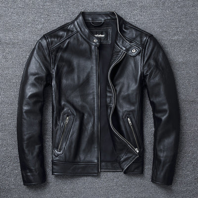 Chaqueta de Cuero Genuino Estilo Retro con Cuello Mao para Hombre