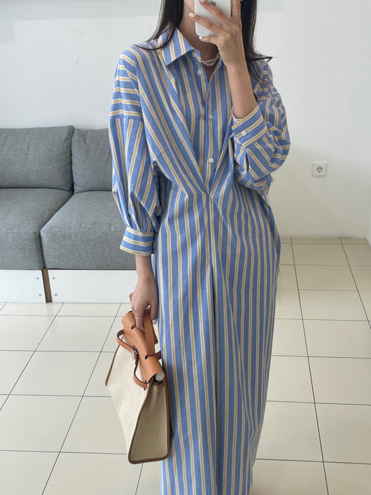Vestido Camisero Plisado a Rayas Contraste - Manga Larga Holgado - Image 11