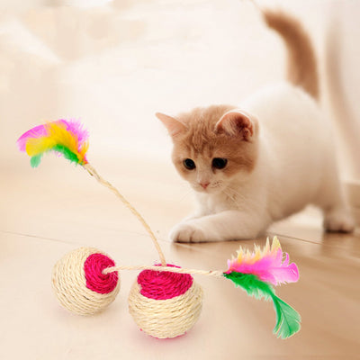 Two sisal shuttlecock cat toys with colorful feathers, one with a red base and the other with a blue base. - Image 9