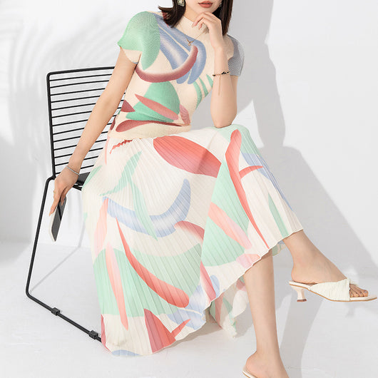Conjunto de Dos Piezas Elegante con Blusa Plisada y Falda Estampada - Image 4