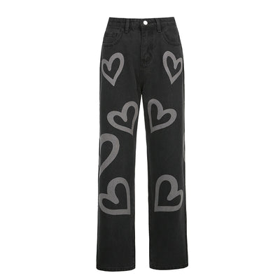Pantalón Denim Talle Alto Recto con Estampado de Corazones - Image 7