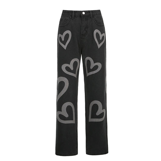 Pantalón Denim Talle Alto Recto con Estampado de Corazones - Image 7