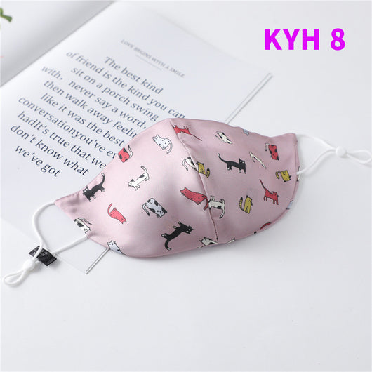 White silk face mask with light blue floral pattern and adjustable ear loops for women's sun protection. - Image 43