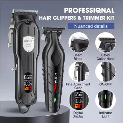 Professional hair clipper set featuring a larger black clipper with an LCD display and a smaller black trimmer, with dimensions. - Image 7