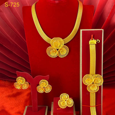 Gold-colored four-piece jewelry set with mesh texture: necklace, drop earrings, bracelet, and ring, all with knot design. - Image 14