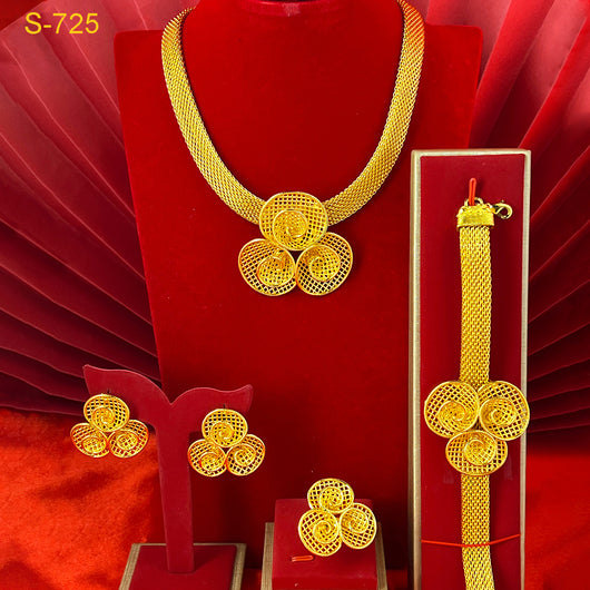 Gold-colored four-piece jewelry set with mesh texture: necklace, drop earrings, bracelet, and ring, all with knot design. - Image 14