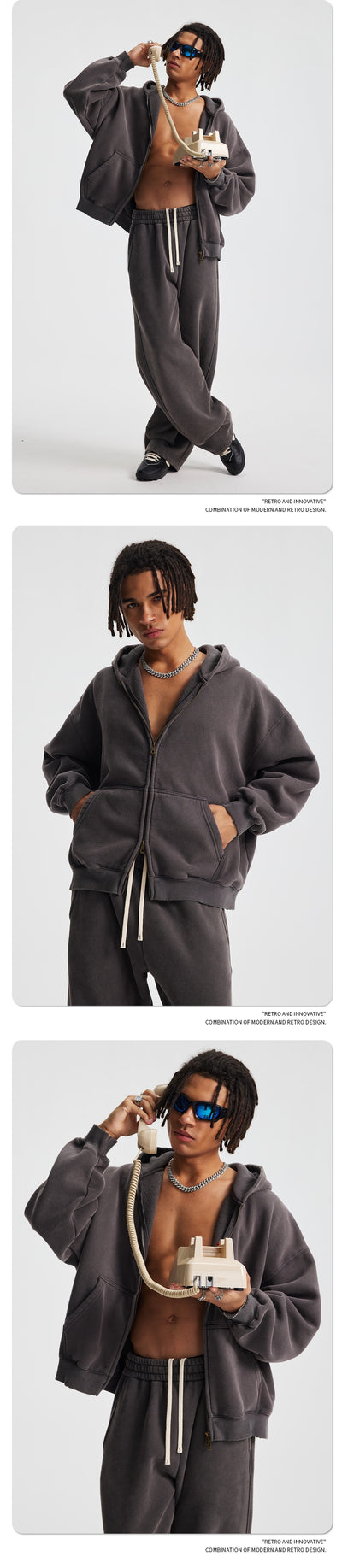 Men's pink washed full-zip hooded jacket and matching sweatpants set, featuring a relaxed fit and drawstring details. - Image 30