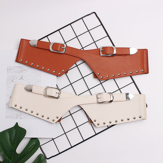 Camel elastic wide belt with silver-toned buckles and rivets, featuring a V-shaped faux leather front. - Image 9