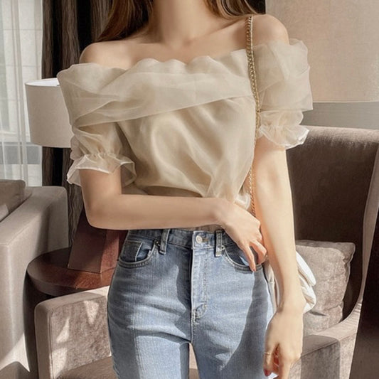 Blusa Entallada de Manga Abullonada en Tul Liso