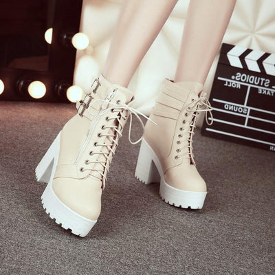 Botas Cortas Punta Redonda para Mujer con Tacón Grueso