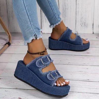Sandalias Cuña Denim con Hebilla - Tacón Alto Camuflaje Verano para Mujer - Image 5