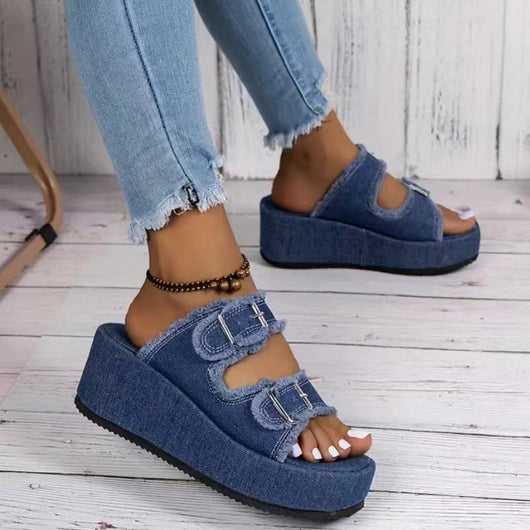 Sandalias Cuña Denim con Hebilla - Tacón Alto Camuflaje Verano para Mujer - Image 5