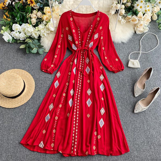Vestido Largo de Mujer con Bordado Industrial y Cintura Ajustable