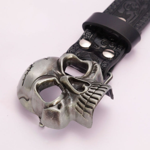 Cinturón Unisex de Cuero PU con Calavera Hueca Grabada - Estilo Vintage