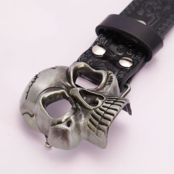 Cinturón Unisex de Cuero PU con Calavera Hueca Grabada - Estilo Vintage
