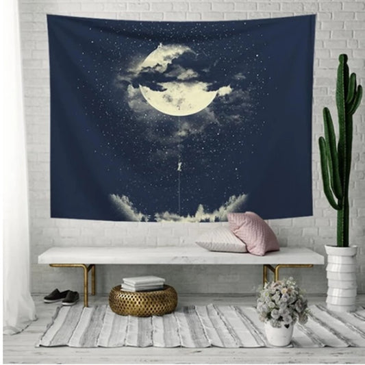 Moon Escape Tapestry featuring a full moon, dark clouds, and stars, with figures on and climbing from the moon towards a forest.