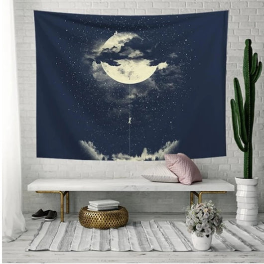 Moon Escape Tapestry featuring a full moon, dark clouds, and stars, with figures on and climbing from the moon towards a forest.