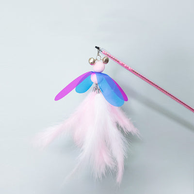 Fluffy pink feather cat toy replacement head with iridescent purple and blue wings, small bells, and a hook. - Image 2