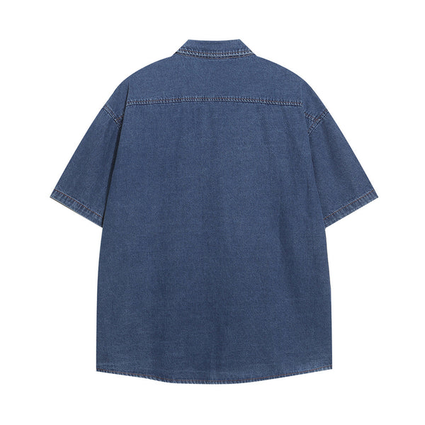 Camisa Denim Manga Corta con Bordado de Gato para Hombre