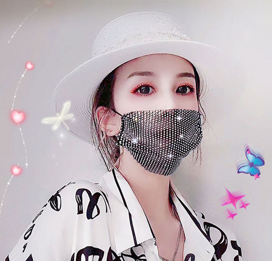 Rose red mesh decorative mask adorned with sparkling rhinestones, featuring a hanging ear design for women.