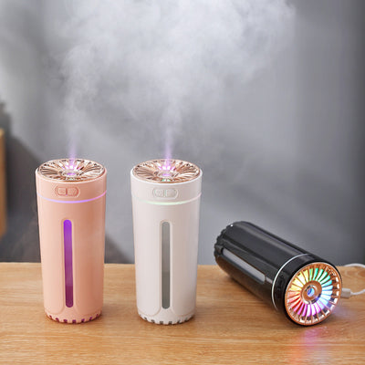 Pink cylindrical USB humidifier with a colorful light diffuser, control buttons, and a single fog outlet. - Image 12