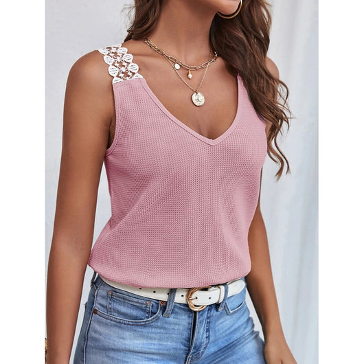 Chaleco de Algodón Gofrado con Cuello en V y Detalles de Encaje - Top Sleeveless de Verano - Image 14