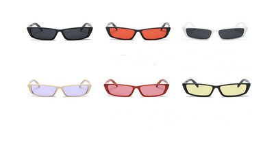 Black retro square sunglasses with small rectangular lenses, shown from top, front, and side views. - Image 3