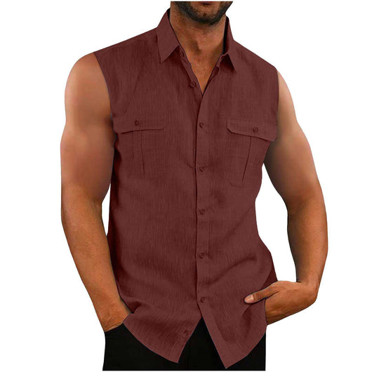 Camisa Hombre Algodón y Lino con Doble Bolsillo - Estilo Europeo y Americano