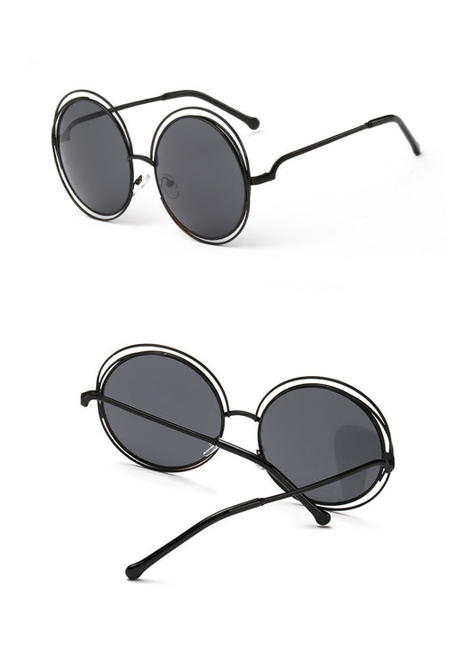 Round metal cutout sunglasses with silver mirrored lenses and a double-rimmed frame, shown from front and angled views. - Image 4