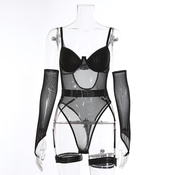 Pink mesh see-through jumpsuit with garter straps and matching arm sleeves, laid flat on a pink background. - Image 6