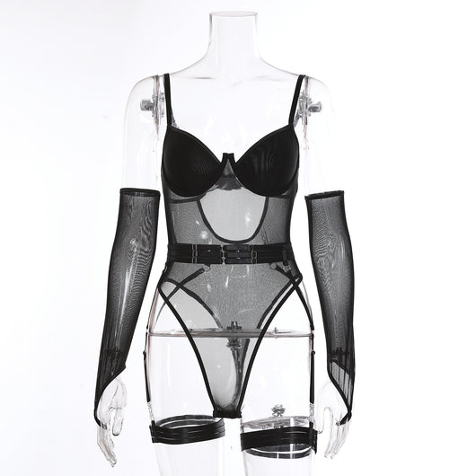 Pink mesh see-through jumpsuit with garter straps and matching arm sleeves, laid flat on a pink background. - Image 6