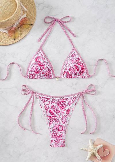 Red floral print triangle cup bikini set with matching bottom, featuring a small gold charm on the top. - Image 4