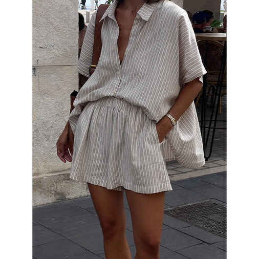 Conjunto de Camisa y Shorts a Rayas Holgado y Casual - Image 3