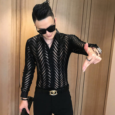 Camisa de Encaje Transparente para Hombre - Estilo Clubwear Moderno - Image 14
