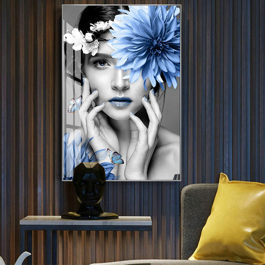 Modern decorative painting of a woman with blue flowers and butterflies, framed on a striped wall. - Image 6