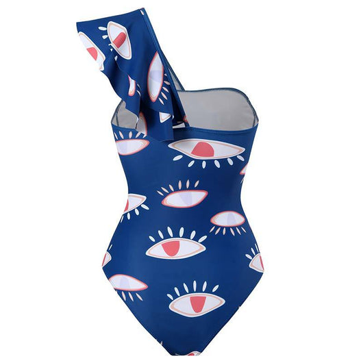 Navy blue mesh sarong with a white and red abstract eye pattern, featuring a tie-front waist and ruffled maxi hem. - Image 13