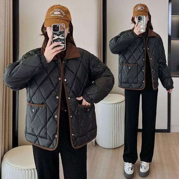 Chaqueta Acolchada de Cuero PU con Diseño Rombo - Suelta y Versátil