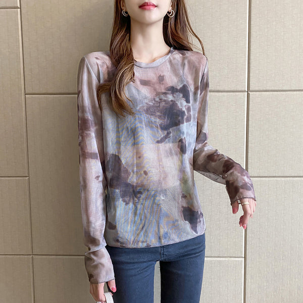 Blusa Tie-Dye con Cuello Redondo y Tul Suelto