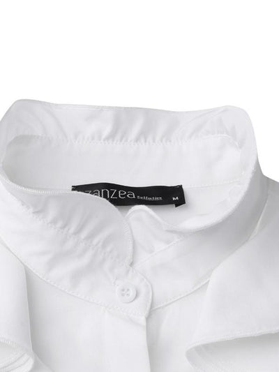 Blusa Clásica de Botones con Volantes y Colores Sólidos - Image 13