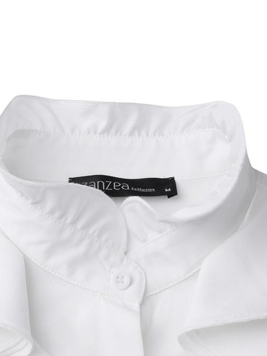 Blusa Clásica de Botones con Volantes y Colores Sólidos - Image 13