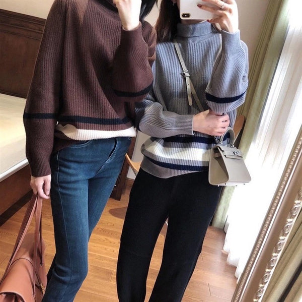 Suéter Cuello Alto de Cachemira con Coordinación de Colores para Mujer