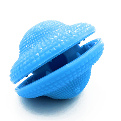 Blue TPR pet toy ball with textured surface, designed for food dispensing and molar training, with kibble scattered around. - Image 5