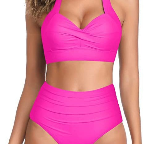 Bright yellow two-piece bikini with a halter neck top featuring a twisted bow and high-waisted ruched bottoms. - Image 3