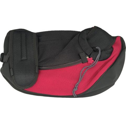 Green and black mesh pet carrier sling bag with a drawstring opening and a yellow flower-shaped zipper pull. - Image 5
