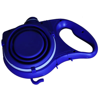 Red, black, and blue retractable dog leashes with integrated collapsible water bowls, plus a blue pet rope toy with suction cup. - Image 8