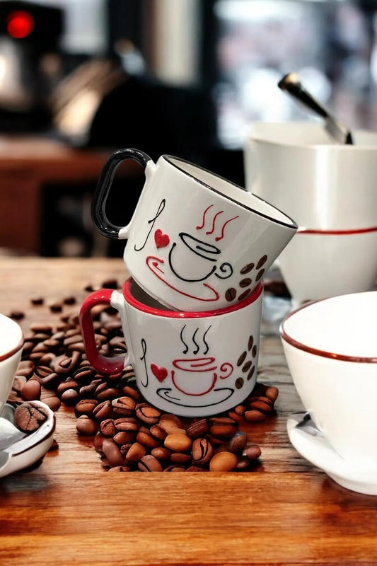 Juego de 2 Tazas de Cerámica Artesanal con Diseños Pintados a Mano Temática Café - Image 2