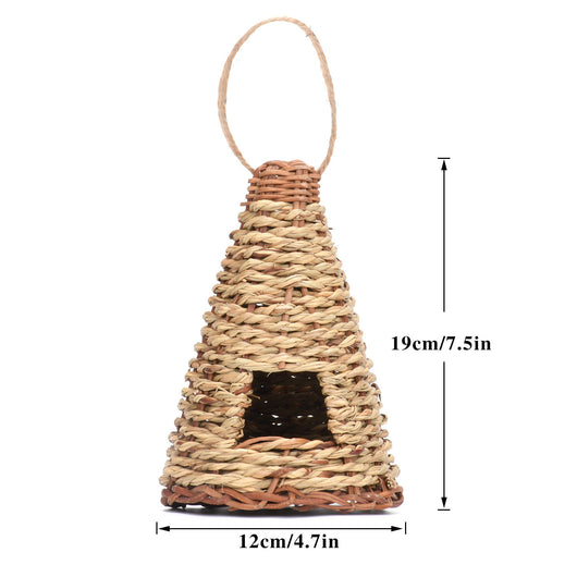 Cone-shaped, flat-bottomed bird's nest woven from natural straw with a small entrance and hanging loop. - Image 3