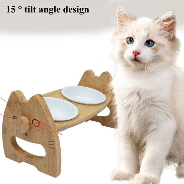 Comedero Doble de Cerámica con Soporte de Madera Ajustable para Perros y Gatos