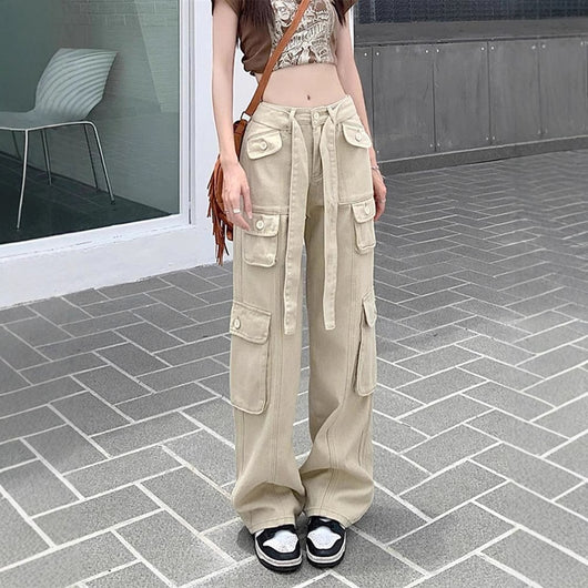 Pantalones Cargo Sueltos Vintage Americano con Múltiples Bolsillos y Detalles Desgastados - Image 3