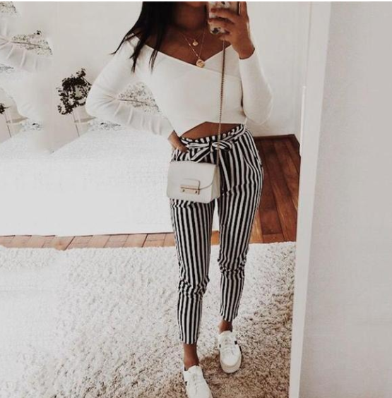 Pantalón Casual a Rayas con Lazo para Mujer - Otoño Invierno